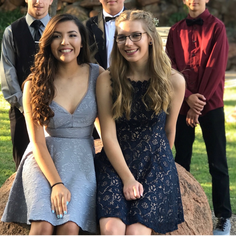 Jodi Kristopher grey/ blue homecoming dress